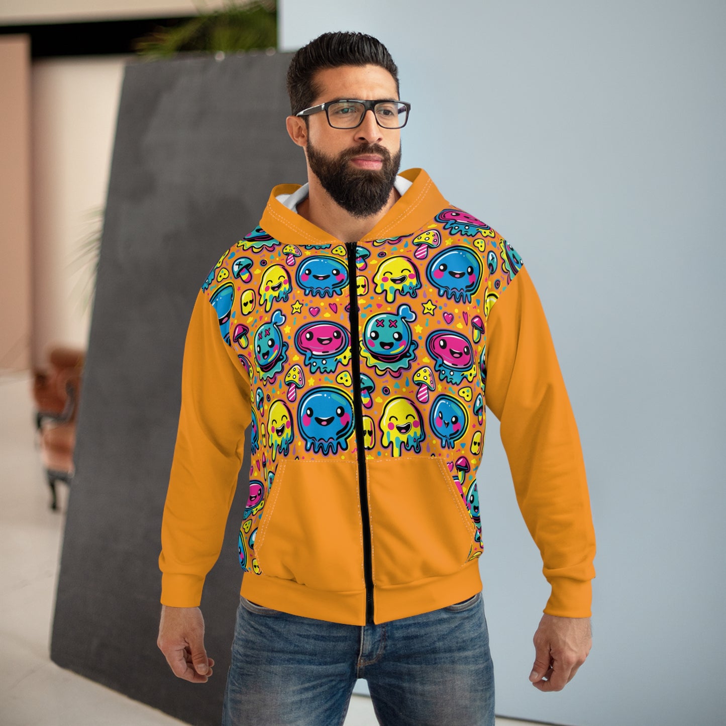 Eighth Hour of Mischief Stringpulled Oozelings on Unisex Zip Hoodie (AOP)
