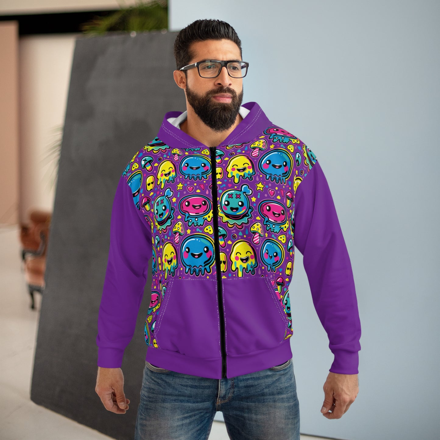 Second Hour of Mischief Jamwobble Oozelings on Unisex Zip Hoodie (AOP)