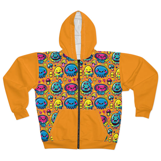 Eighth Hour of Mischief Stringpulled Oozelings on Unisex Zip Hoodie (AOP)