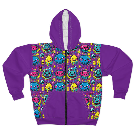 Second Hour of Mischief Jamwobble Oozelings on Unisex Zip Hoodie (AOP)